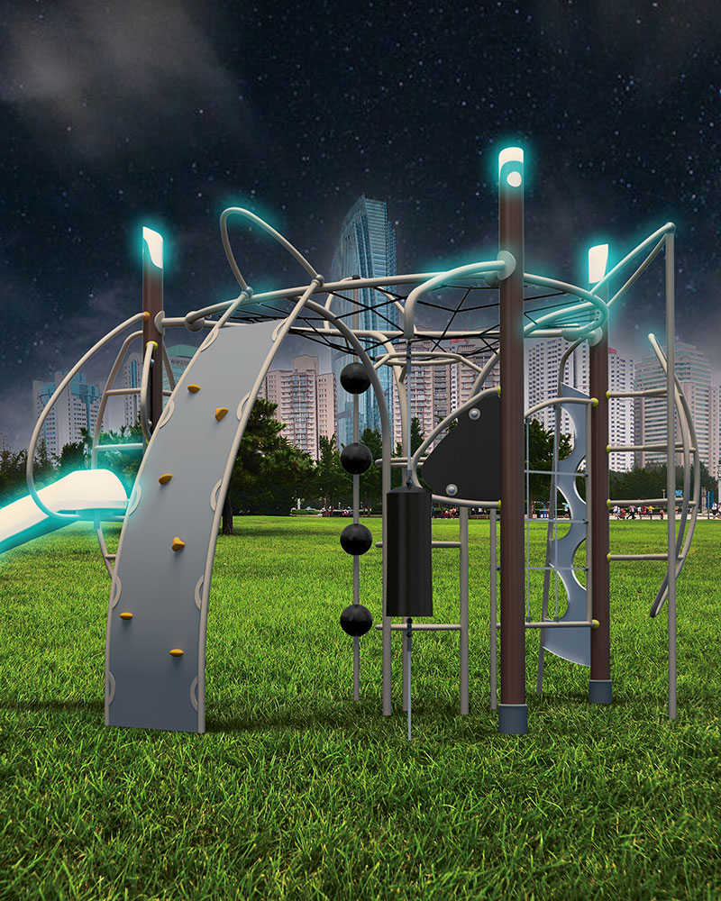 Rendered image of Agito Auro illuminated at night time at a playground, with a Saudi Arabian style city background.